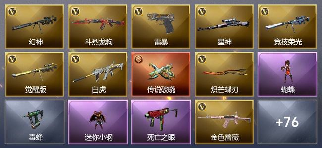 穿越火线（CF）1传说武器 2王者武器 3炫金武器 83V武器 4V角色 39皮肤 可排位 枪王