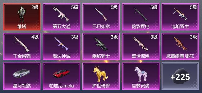 和平精英7载具 9升级枪 8粉装 1飞行器 134枪皮 84套装 52756热力 6印记 星钻