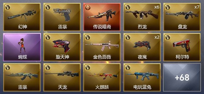穿越火线（CF）1传说武器 3王者武器 1炫金武器 117V武器 1V角色 19皮肤 可排位 传奇