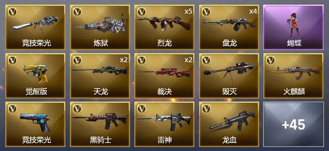 穿越火线（CF）1王者武器 1炫金武器 69V武器 1V角色 19皮肤 可排位