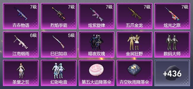 和平精英7升级枪 5粉装 1飞行器 267枪皮 189套装 84554热力 19印记 皇冠
