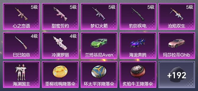 和平精英3载具 7升级枪 1粉装 1尾迹 132枪皮 72套装 40960热力 8印记 王牌