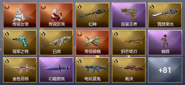 穿越火线（CF）2传说角色 1传说武器 4王者武器 1炫金武器 76V武器 5V角色 22皮肤 可排位