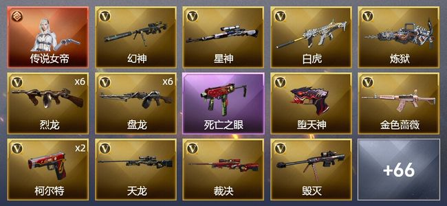 穿越火线（CF）1传说角色 4王者武器 1炫金武器 104V武器 2V角色 25皮肤 可排位 枪王