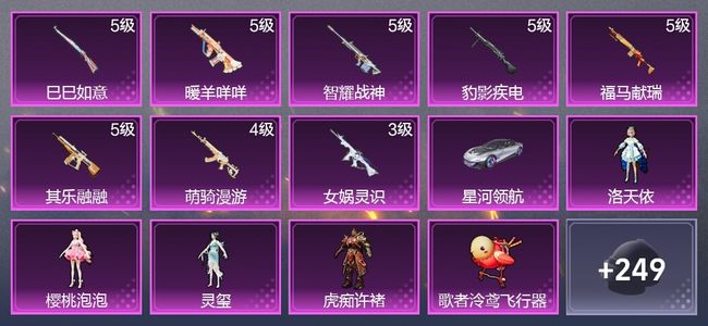 和平精英1载具 8升级枪 4粉装 2尾迹 168枪皮 101套装 4,9811热力 8印记