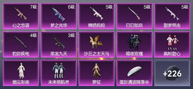 和平精英7升级枪 5粉装 2飞行器 150枪皮 90套装 45736热力 8印记 星钻
