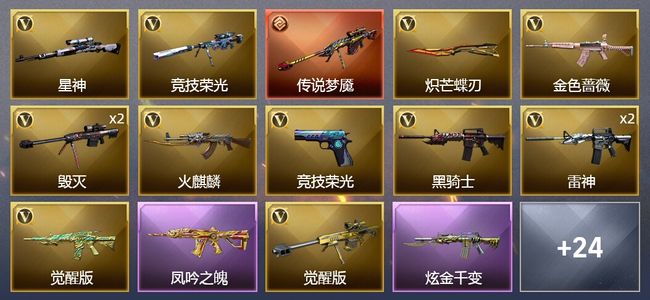 穿越火线（CF）3传说武器 2王者武器 2炫金武器 29V武器 4V角色 11皮肤 可排位