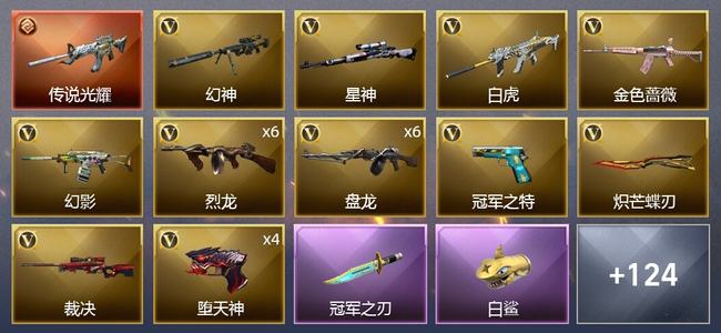 穿越火线（CF）1传说武器 13王者武器 4炫金武器 167V武器 5V角色 53皮肤 可排位 枪王