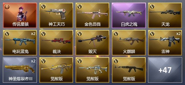 穿越火线（CF）1传说角色 2王者武器 59V武器 2V角色 13皮肤 可排位