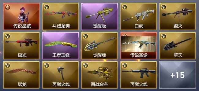 穿越火线（CF）1传说角色 1传说武器 2王者武器 16V武器 5V角色 1皮肤 可排位 宗师