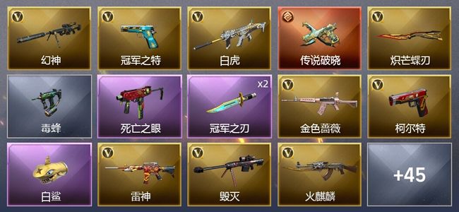 穿越火线（CF）1传说武器 1王者武器 58V武器 2V角色 33皮肤 可排位