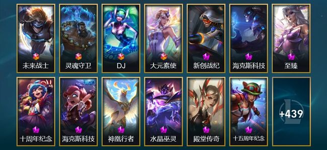 英雄联盟（LOL）4终极 9神话 7臻彩 79限定 33传说 455皮肤 54炫彩 171英雄