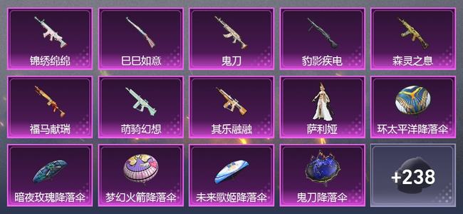 和平精英1载具 10升级枪 3粉装 2尾迹 172套装 67624热力 5印记