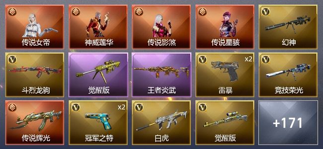 穿越火线（CF）4传说角色 2传说武器 2王者武器 4炫金武器 271V武器 20V角色 68皮肤 不可排位 专家