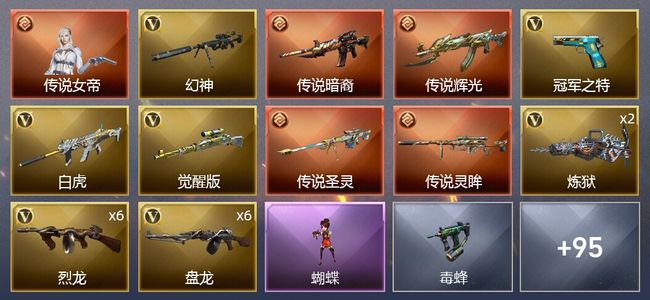 穿越火线（CF）1传说角色 4传说武器 7王者武器 3炫金武器 118V武器 5V角色 24皮肤 可排位 宗师