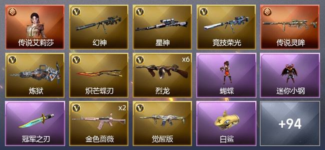 穿越火线（CF）1传说角色 1传说武器 2王者武器 1炫金武器 99V武器 3V角色 39皮肤 可排位