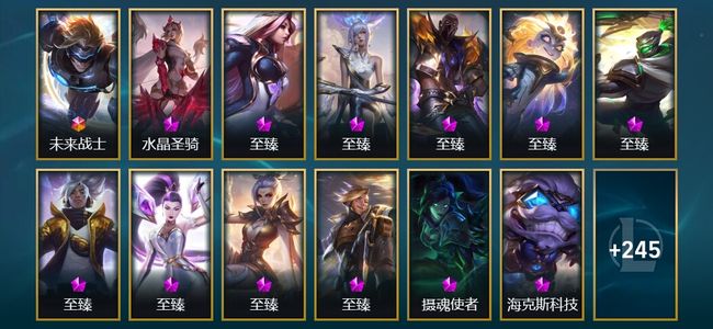 英雄联盟（LOL）1终极 14神话 9臻彩 30限定 19传说 258皮肤 242炫彩 172英雄