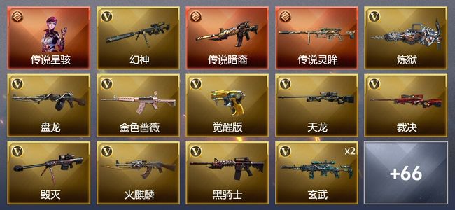 穿越火线（CF）1传说角色 2传说武器 7王者武器 2炫金武器 78V武器 3V角色 17皮肤 可排位