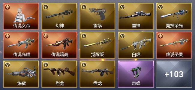 穿越火线（CF）1传说角色 3传说武器 18王者武器 6炫金武器 179V武器 27V角色 28皮肤 可排位