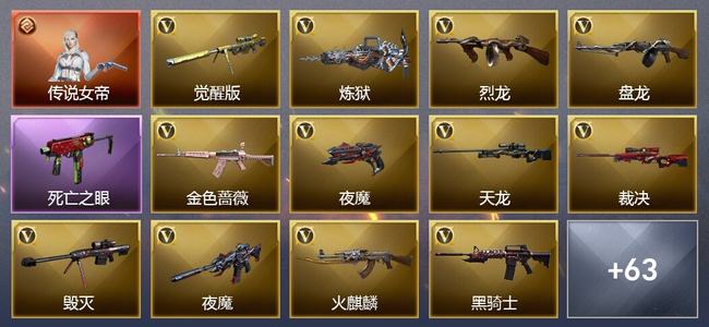 穿越火线（CF）1传说角色 0传说武器 16王者武器 5炫金武器 115V武器 60V角色 6皮肤 可排位 无