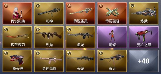 穿越火线（CF）1传说角色 2传说武器 4王者武器 1炫金武器 53V武器 23V角色 18皮肤 可排位 无