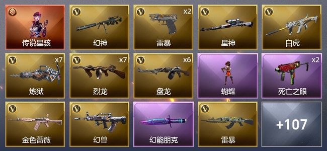 穿越火线（CF）1传说角色 4王者武器 3炫金武器 217V武器 11V角色 36皮肤 可排位 新锐