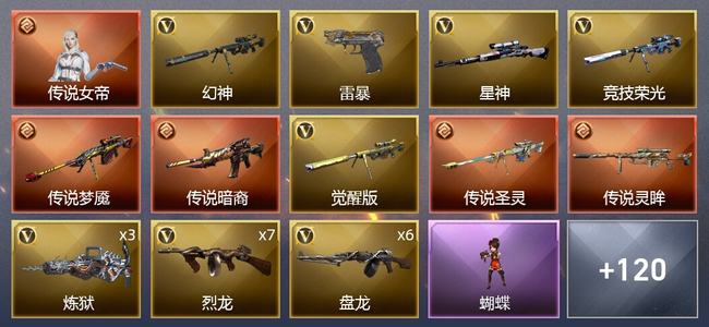 穿越火线（CF）1传说角色 5传说武器 13王者武器 6炫金武器 162V武器 6V角色 53皮肤 可排位 宗师