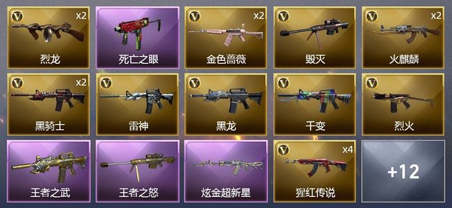 穿越火线（CF）2王者武器 1炫金武器 34V武器 1V角色 6皮肤 可排位 新锐