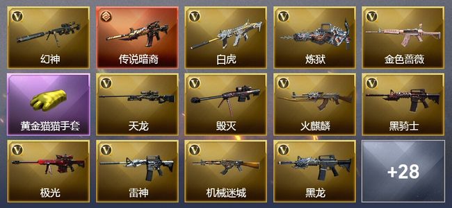 穿越火线（CF）1传说武器 8王者武器 3炫金武器 73V武器 4V角色 6皮肤 可排位