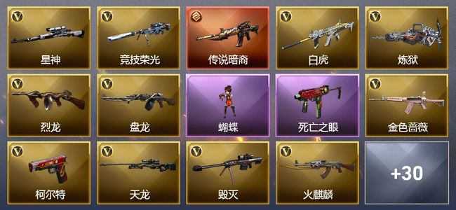 穿越火线（CF）1传说武器 3王者武器 2炫金武器 71V武器 4V角色 3皮肤 可排位