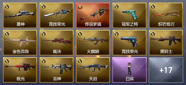 穿越火线（CF）1传说武器 9王者武器 33V武器 7V角色 14皮肤 可排位