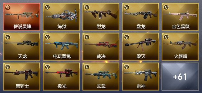 穿越火线（CF）1传说武器 13王者武器 1炫金武器 88V武器 57V角色 23皮肤 可排位