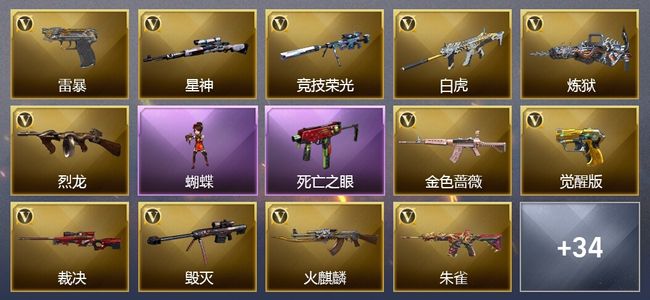 穿越火线（CF）1传说武器 8王者武器 2炫金武器 71V武器 17V角色 14皮肤 可排位