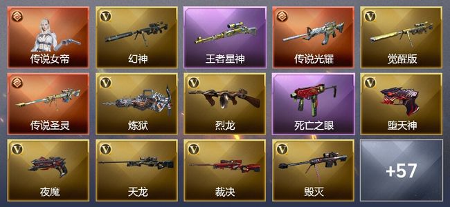 穿越火线（CF）1传说角色 2传说武器 13王者武器 6炫金武器 108V武器 16V角色 11皮肤 可排位