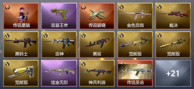 穿越火线（CF）1传说角色 2传说武器 10王者武器 1炫金武器 25V武器 10V角色 11皮肤 可排位