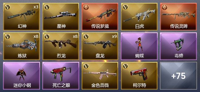 穿越火线（CF）2传说武器 5王者武器 4炫金武器 143V武器 5V角色 20皮肤 可排位