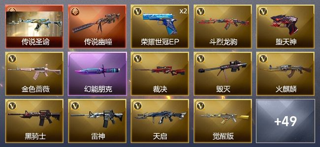 穿越火线（CF）2传说武器 5王者武器 1炫金武器 59V武器 4V角色 20皮肤 可排位 枪王