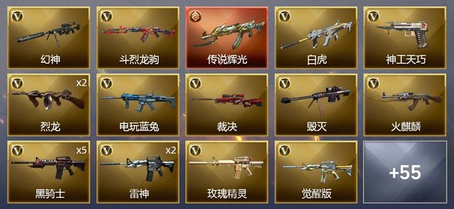 穿越火线（CF）1传说武器 55V武器 2V角色 17皮肤 可排位 新锐