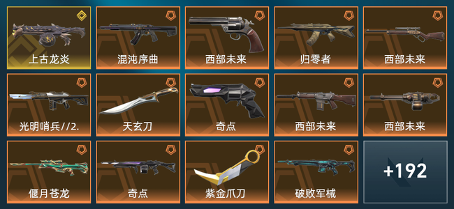 无畏契约49橙皮 1金皮 23紫皮 206皮肤 105500皮肤总价值 2275已用源晶 超凡