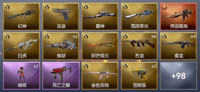 穿越火线（CF）1传说武器 4王者武器 2炫金武器 102V武器 9V角色 47皮肤 可排位 传奇