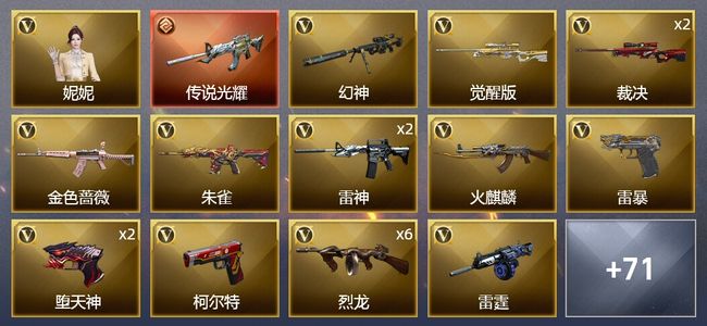 穿越火线（CF）1传说武器 1王者武器 4炫金武器 117V武器 3V角色 33皮肤 可排位 枪王