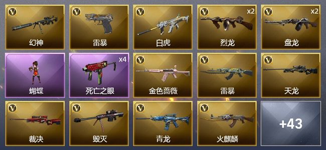 穿越火线（CF）3王者武器 4炫金武器 69V武器 2V角色 52皮肤 可排位 荣耀枪王