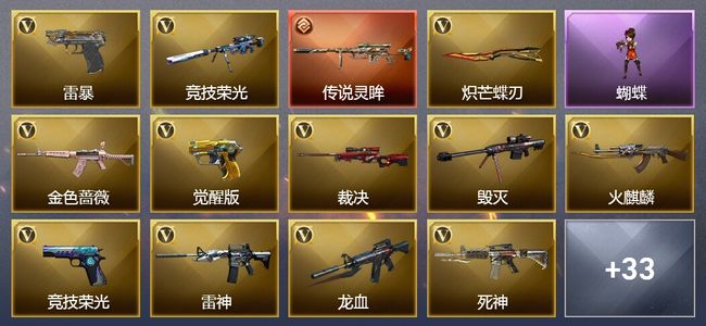 穿越火线（CF）1传说武器 5王者武器 57V武器 1V角色 13皮肤 可排位 宗师