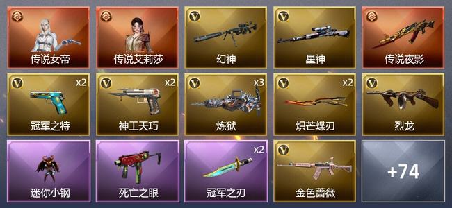 穿越火线（CF）2传说角色 1传说武器 24王者武器 3炫金武器 119V武器 6V角色 29皮肤 可排位