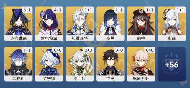 原神56黄 44角色黄 12武器黄 21五星角色 12五星武器 女主 60级