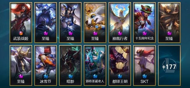英雄联盟（LOL）1终极 7神话 13臻彩 19限定 25传说 190皮肤 38炫彩 172英雄 黄铜