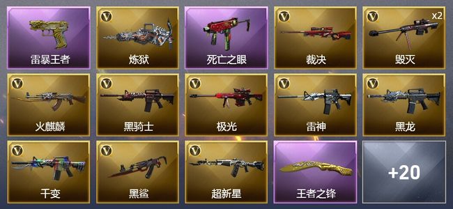 穿越火线（CF）5王者武器 1炫金武器 31V武器 1V角色 3皮肤 可排位 传奇