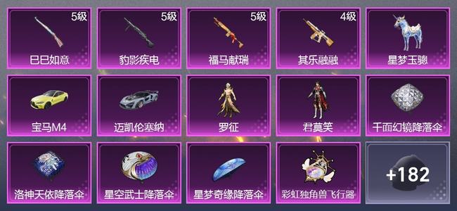 和平精英3载具 4升级枪 2粉装 2尾迹 124枪皮 77套装 35560热力 8印记 皇冠