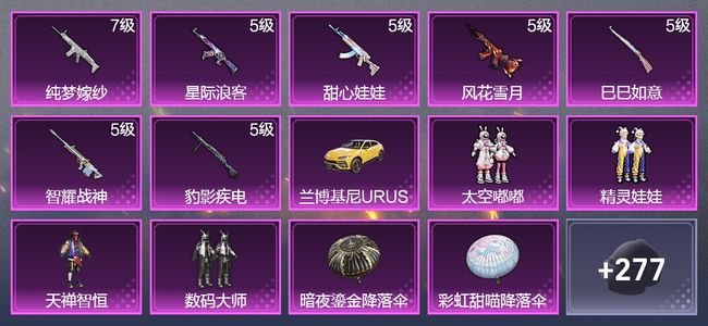 和平精英1载具 7升级枪 4粉装 165枪皮 118套装 56080热力 14印记 星钻