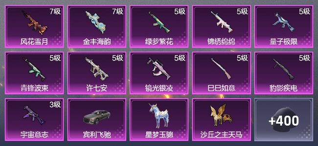 和平精英2载具 11升级枪 14粉装 5飞行器 234枪皮 160套装 81594热力 9印记 王牌